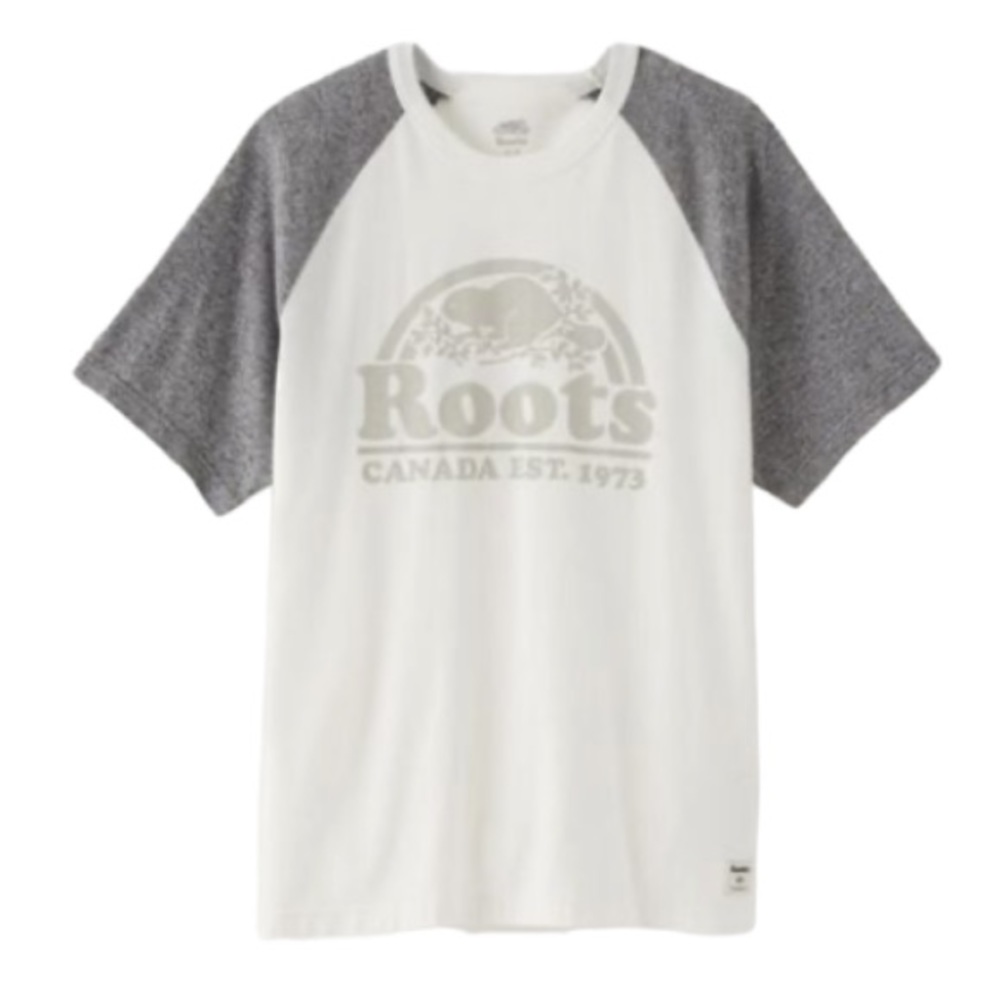 Roots Arched Beaver Logo Raglan Sleeve White and Grey T-Shirt Size Large